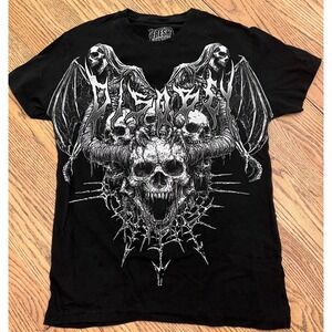 Fresh Laundry Savage Skull Disorder Graphic T-Shirt Black Gothic Grunge Womens